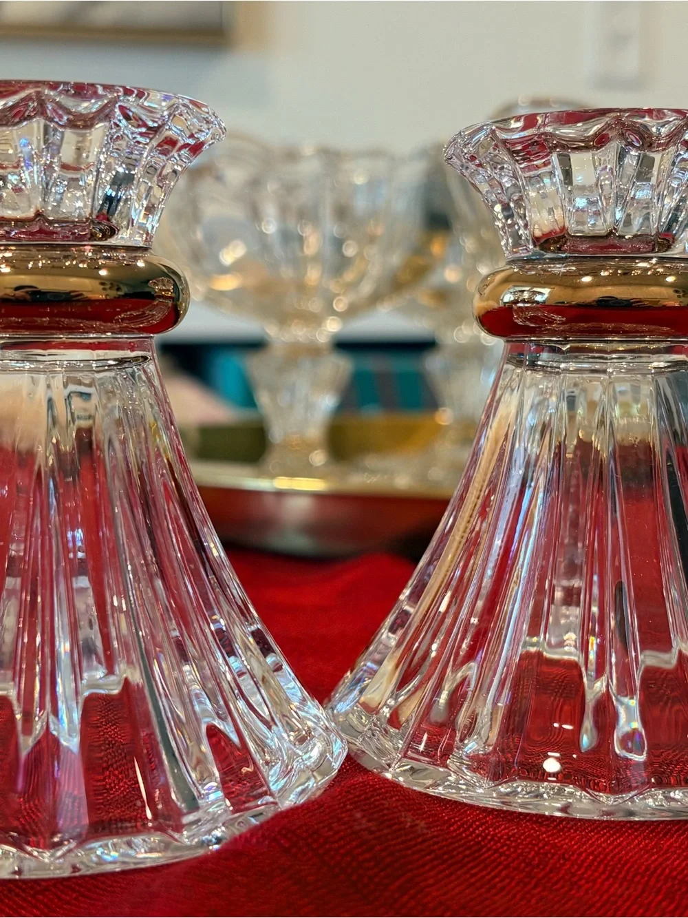 Vintage Cristal d’Arques Eventail Gold Band Crystal Candlestick Holders Pair